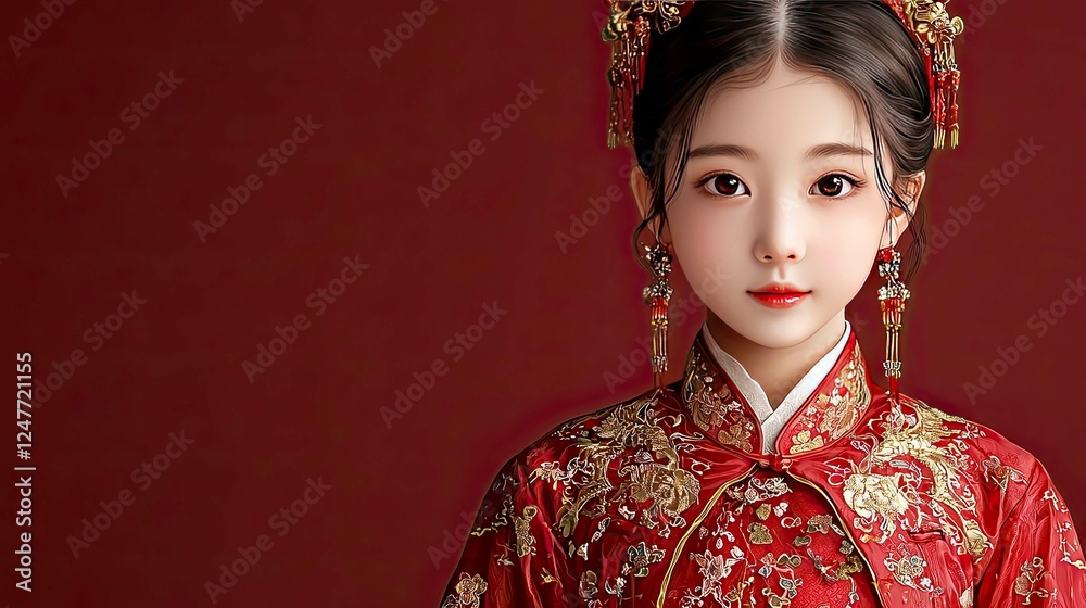 A Captivating Portrait of a Young Girl in Traditional Chinese Clothing. This Digital Painting Showcases Exquisite Embroidery and Elegant Style, Representing Rich Culture and Heritage. A Captivating Portrait of a Young Girl in Traditional Chinese Clothing. This Digital Painting Showcases Exquisite Embroidery and Elegant Style, Representing Rich Culture and Heritage.