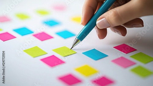 A hand writing on colorful sticky notes arranged on a white background, perfect for brainstorming or planning ideas.