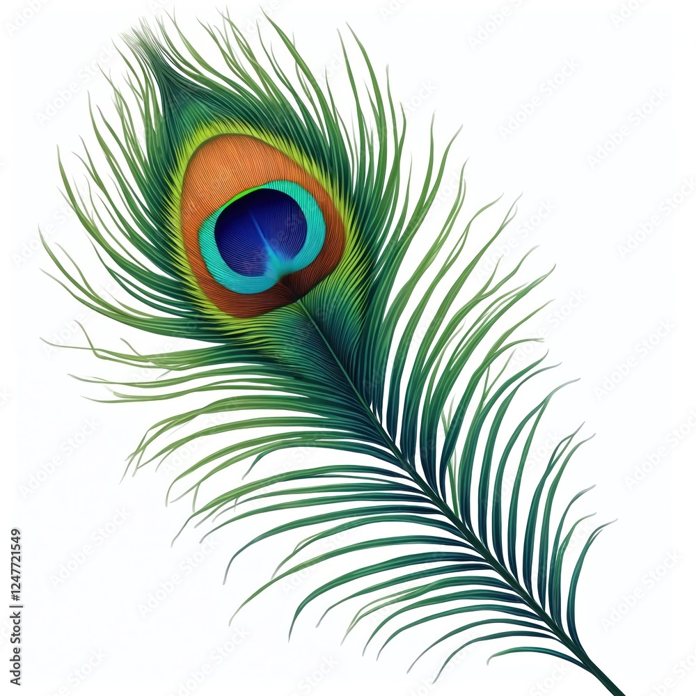 Fototapeta premium Close up view of peacock feather. Vibrant colors create beautiful pattern. Isolated on white background. Detailed image shows nature beauty. Feather perfect for design projects, decorations