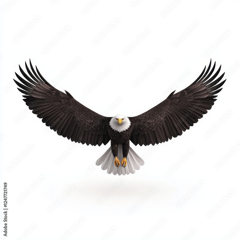 Fototapeta premium Majestic Bald Eagle with Wings Spread on White Background - Photorealistic Wildlife Portrait of Fierce Predator with Sharp Beak and Intense Gaze