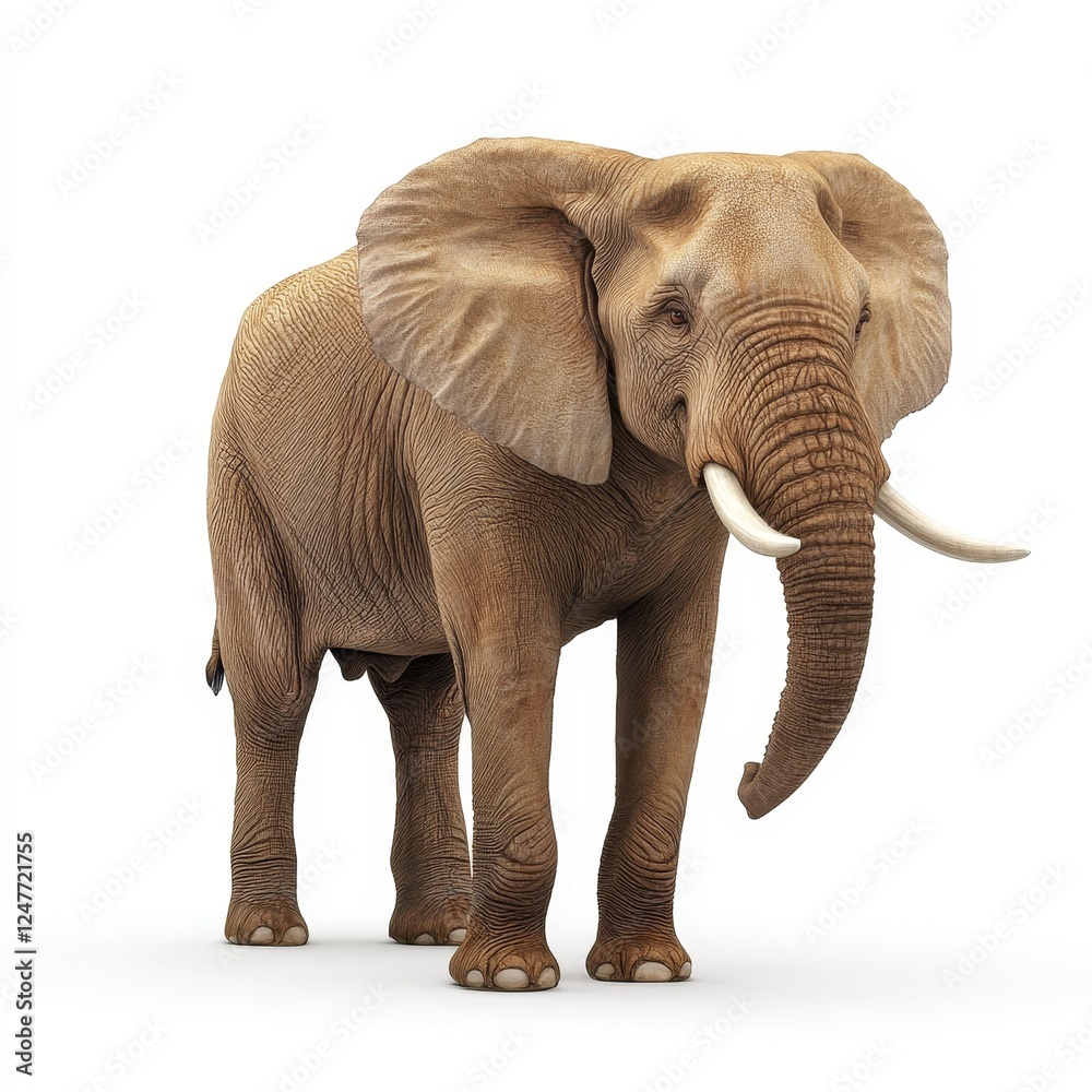 Obraz premium Majestic Wise Elephant in Photorealistic Render Standing on White Background, Textured Skin, Large Ears, Strong Tusks