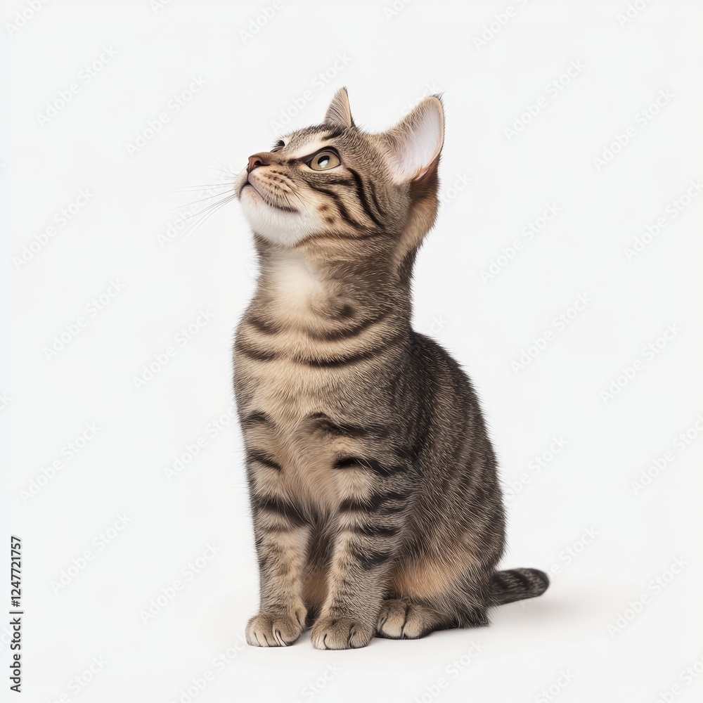 Obraz premium Elegant and Curious Cat with Striking Eyes on Pure White Background - Photorealistic Feline Portrait with Detailed Whiskers and Sleek Fur