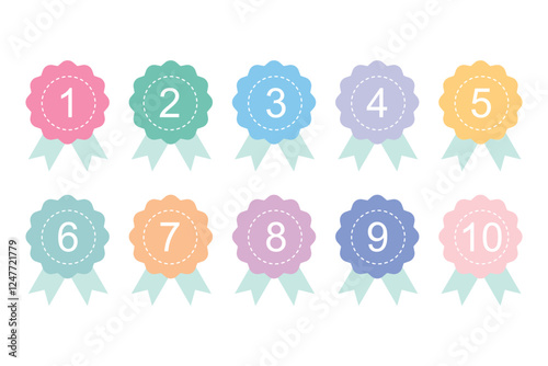 Set of ranking medal flat icons vector with pastel color. Winner rank number icons. 1st place to 10th place ranking vector illustration