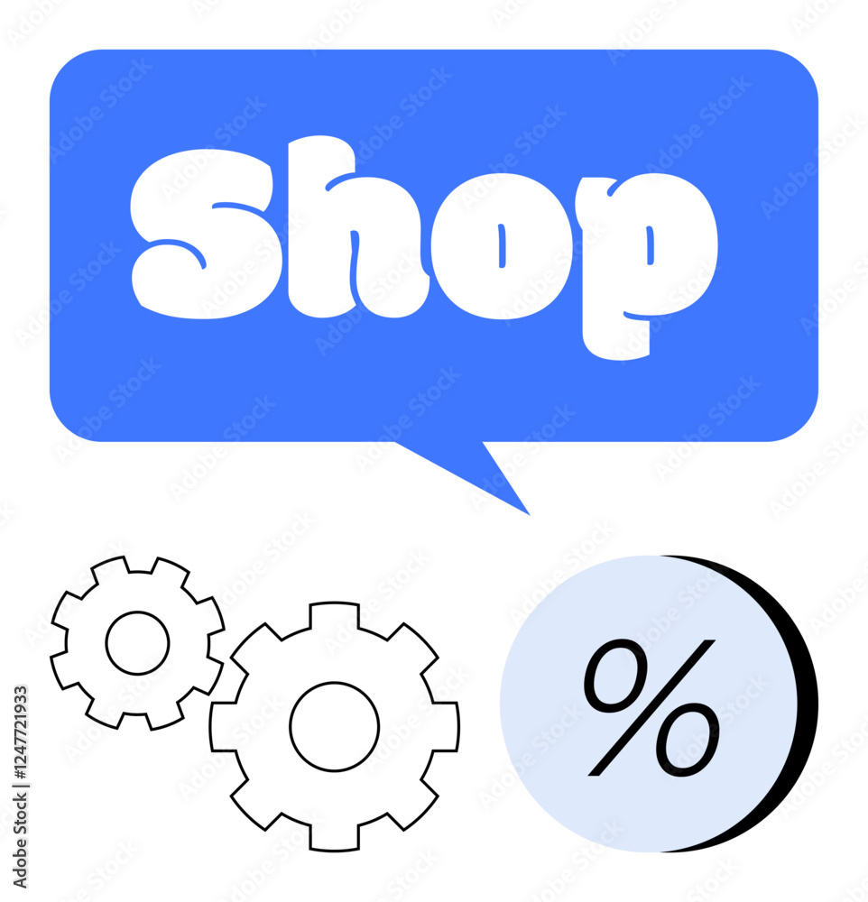 Shop text in blue speech bubble atop two black and white gears and a percentage sign in blue circle. Ideal for retail, e-commerce, sales, discount offers, marketing, business strategy, and customer Shop text in blue speech bubble atop two black and white gears and a percentage sign in blue circle. Ideal for retail, e-commerce, sales, discount offers, marketing, business strategy, and customer