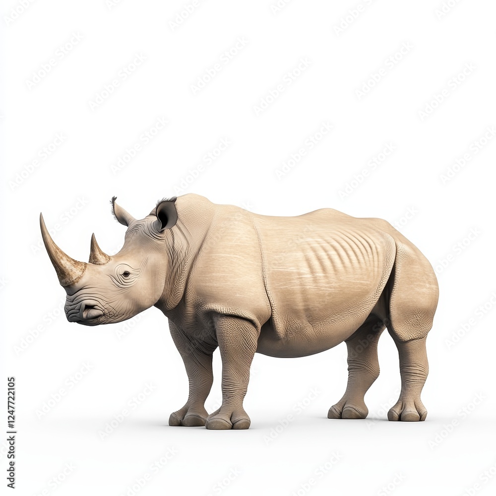 Obraz premium Majestic Rhinoceros - Symbol of Strength and Power against White Background, Photorealistic Animal Portrait