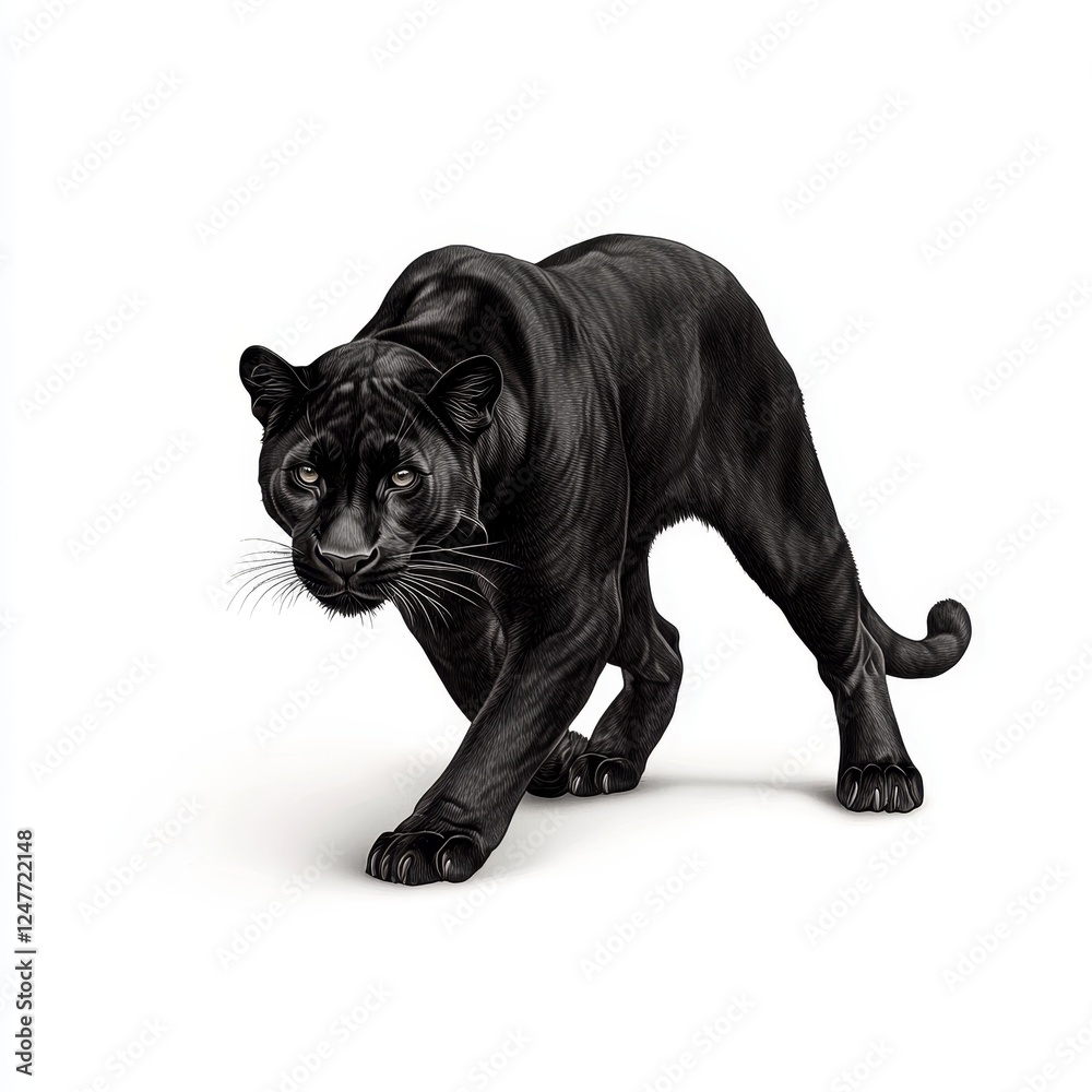 Fototapeta premium Powerful Black Panther Prowling with Intensity on White Background in Photorealistic Illustration