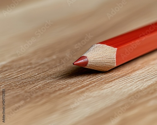 Close-up of a red colored pencil resting on a wooden surface, ideal for creative and artistic themes. photo