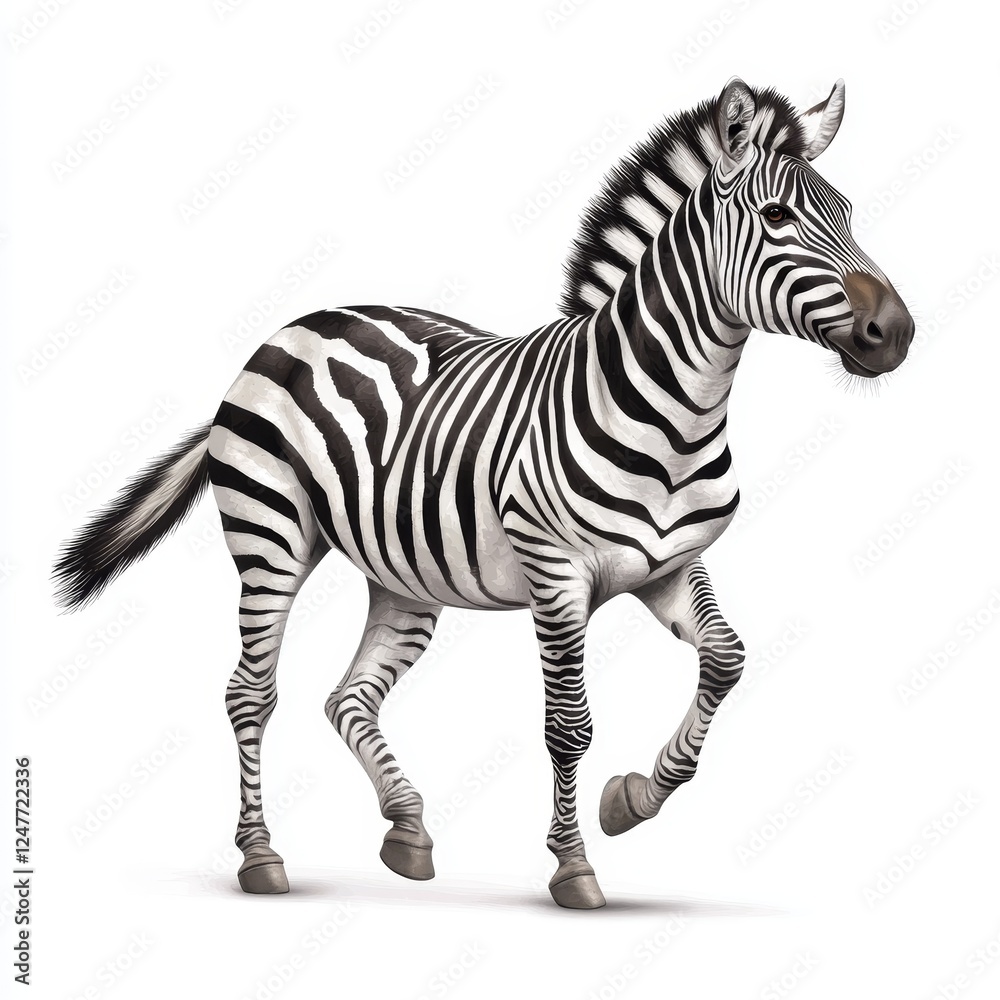 Energetic Chevron-Striped Zebra in Wild Motion on White Background | Photorealistic Black and White Wildlife Art Energetic Chevron-Striped Zebra in Wild Motion on White Background | Photorealistic Black and White Wildlife Art