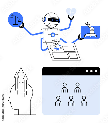 Robot juggling justice, innovation icons, and analytics with web collaboration and human growth graphic. Ideal for AI, automation, decision-making, robotics, teamwork, digital transformation