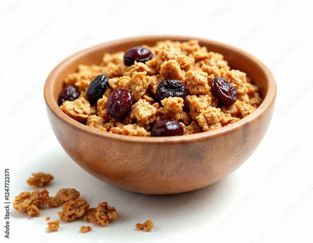 Wooden bowl filled with delicious granola. Granola full of nutritious ingredients like dried berries. Healthy, tasty breakfast snack option. Close-up view of natural product. Perfect for vegans, eat Wooden bowl filled with delicious granola. Granola full of nutritious ingredients like dried berries. Healthy, tasty breakfast snack option. Close-up view of natural product. Perfect for vegans, eat