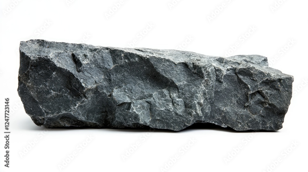 Close-up of a dark gray, rough-textured rock isolated on a white background. The rock has irregular edges and a natural, uneven surface. Close-up of a dark gray, rough-textured rock isolated on a white background. The rock has irregular edges and a natural, uneven surface.
