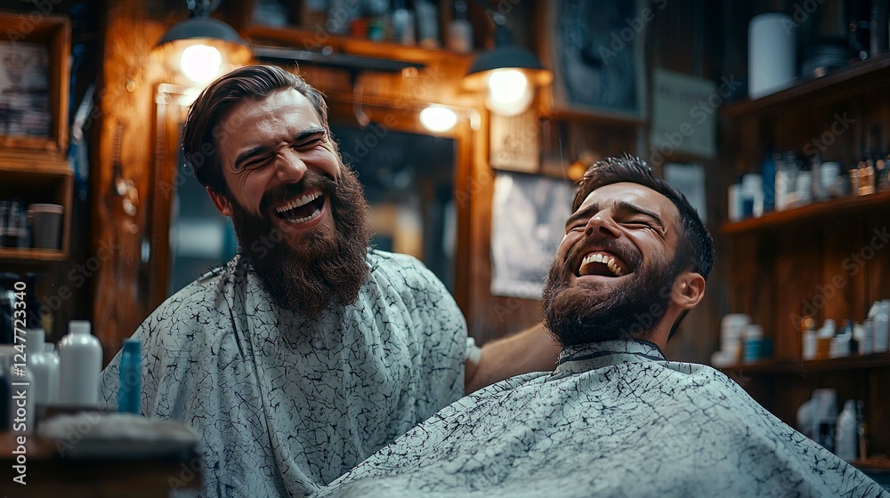 Fototapeta premium Laughing Barbershop: Happy Men Enjoying Haircut and Beard Grooming Session