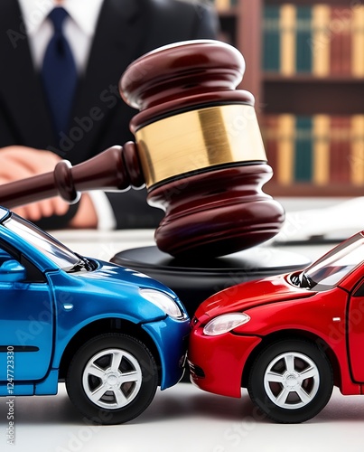 Legal decision in a car accident case with a judge’s gavel and two colliding model cars, symbolizing law, justice, insurance claims, liability, and legal proceedings in traffic disputes
 photo
