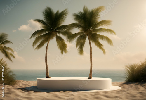 palm product scene trees summer ocean abstract podium presentation template tropical design background beach mockup tree dais round sand sea wave coastline paradise vacation exotic relaxation travel