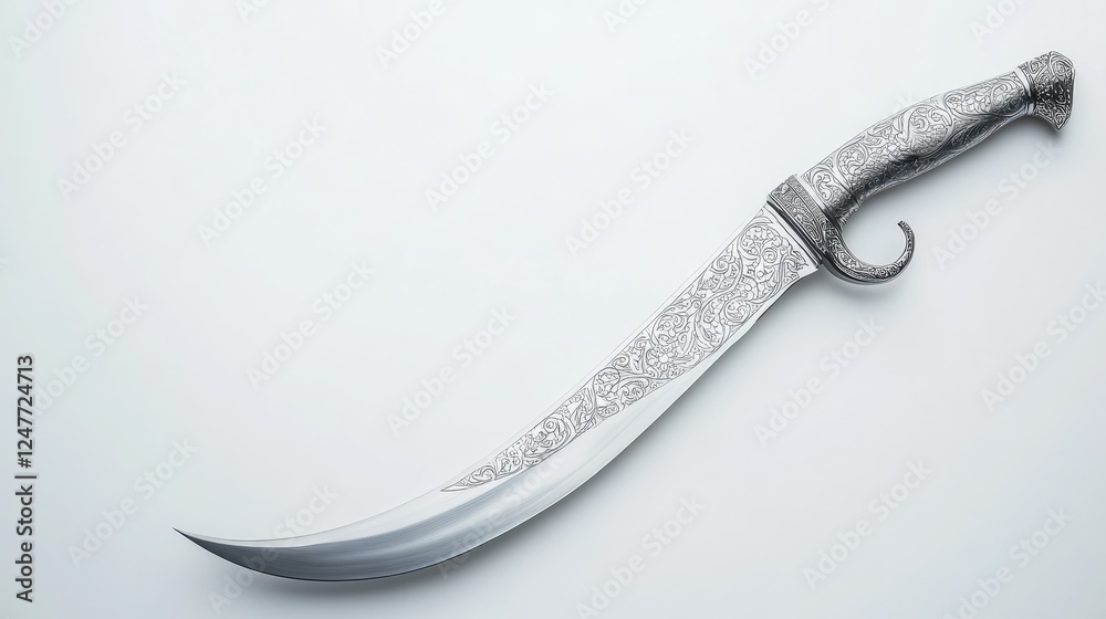 Ornate curved dagger with etched handle and blade, isolated on white background. Ornate curved dagger with etched handle and blade, isolated on white background.