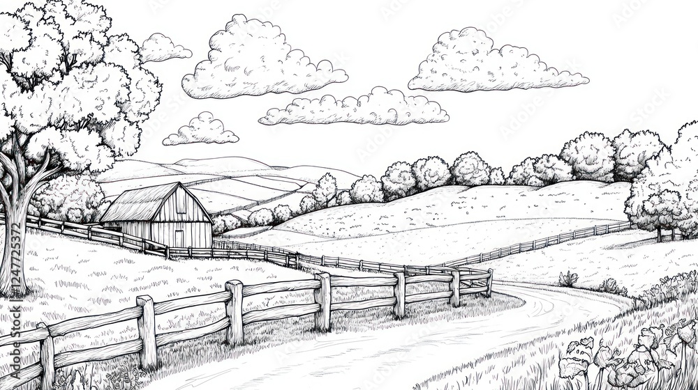 Fototapeta premium Rural road, barn, rolling hills, idyllic countryside, coloring page