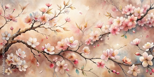 Delicate Watercolor Painting of Blooming Branches with Pastel Pink and White Flowers, Softly Lit Against a Warm Neutral Background
