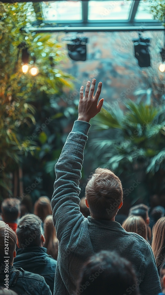 Fototapeta premium Man raising hand in a crowded indoor garden.