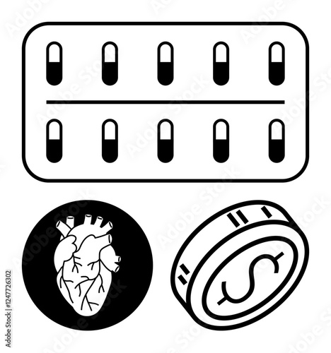 Pills in a blister pack, human heart illustration, and a dollar coin. Ideal for healthcare, medicine cost discussion, pharmaceuticals, cardiovascular studies, medical economics, financial planning