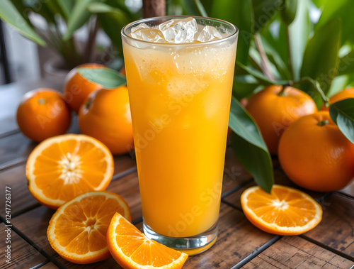 ice cold glass of fresh orange juice placed on a tropical wooden table with whole and sliced oranges around it