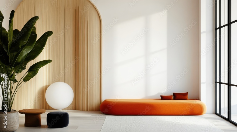 Modern Interior Design Featuring Bright Orange Sofa Highlighting Minimalist Aesthetics and Natural Light in Spacious Living Modern Interior Design Featuring Bright Orange Sofa Highlighting Minimalist Aesthetics and Natural Light in Spacious Living