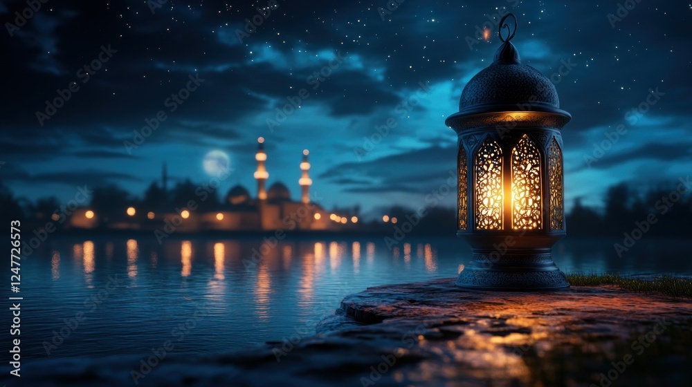 Fototapeta premium Serene Night at the Mosque: Ramadan Lantern by the Lake