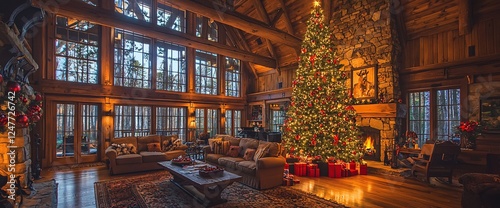 Cozy Christmas cabin living room with large decorated tree, fireplace, and presents.
