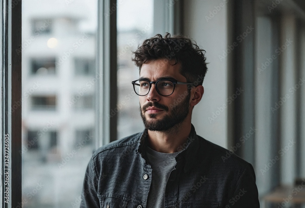 a man with glasses on his face is standing in front of a window a man with glasses on his face is standing in front of a window