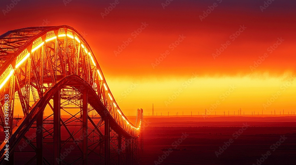 Obraz premium Fiery Sunset over a Modern Steel Bridge: A Stunning Panorama of Industrial Architecture and Natural Beauty