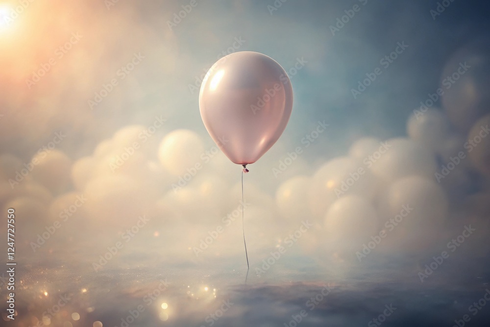 Obraz premium A solitary pale balloon floats serenely above a shimmering, ethereal landscape, its delicate string reaching towards a reflective surface, creating a dreamy, peaceful scene.