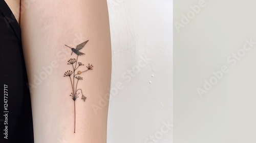 Close-up of a delicate hummingbird and wildflowers tattoo on a woman's arm.