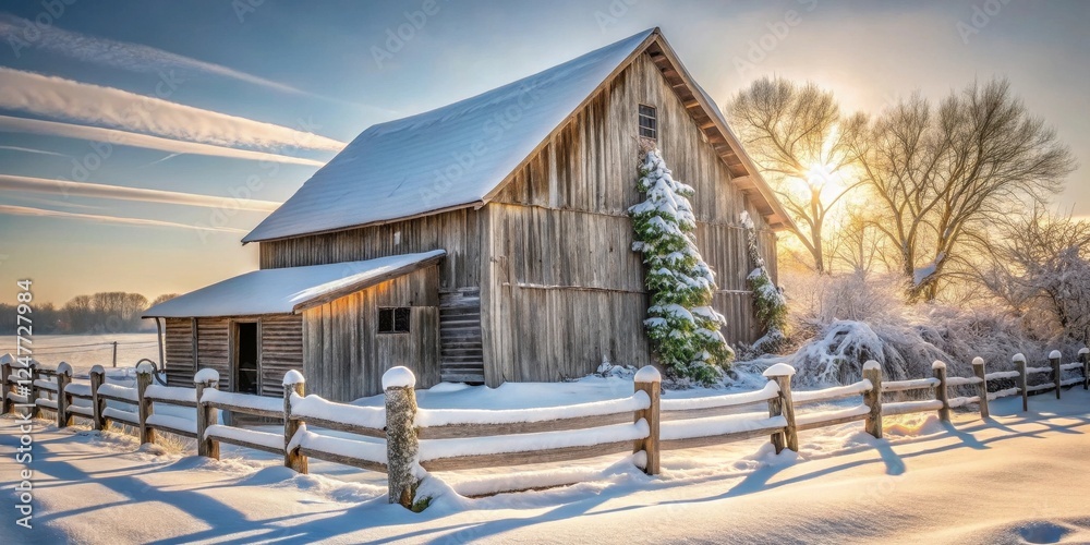 Rustic Wooden Barn in a Winter Wonderland, bathed in the golden sunlight of a crisp morning, surrounded by a snow-covered split-rail fence and evergreen trees. Rustic Wooden Barn in a Winter Wonderland, bathed in the golden sunlight of a crisp morning, surrounded by a snow-covered split-rail fence and evergreen trees.