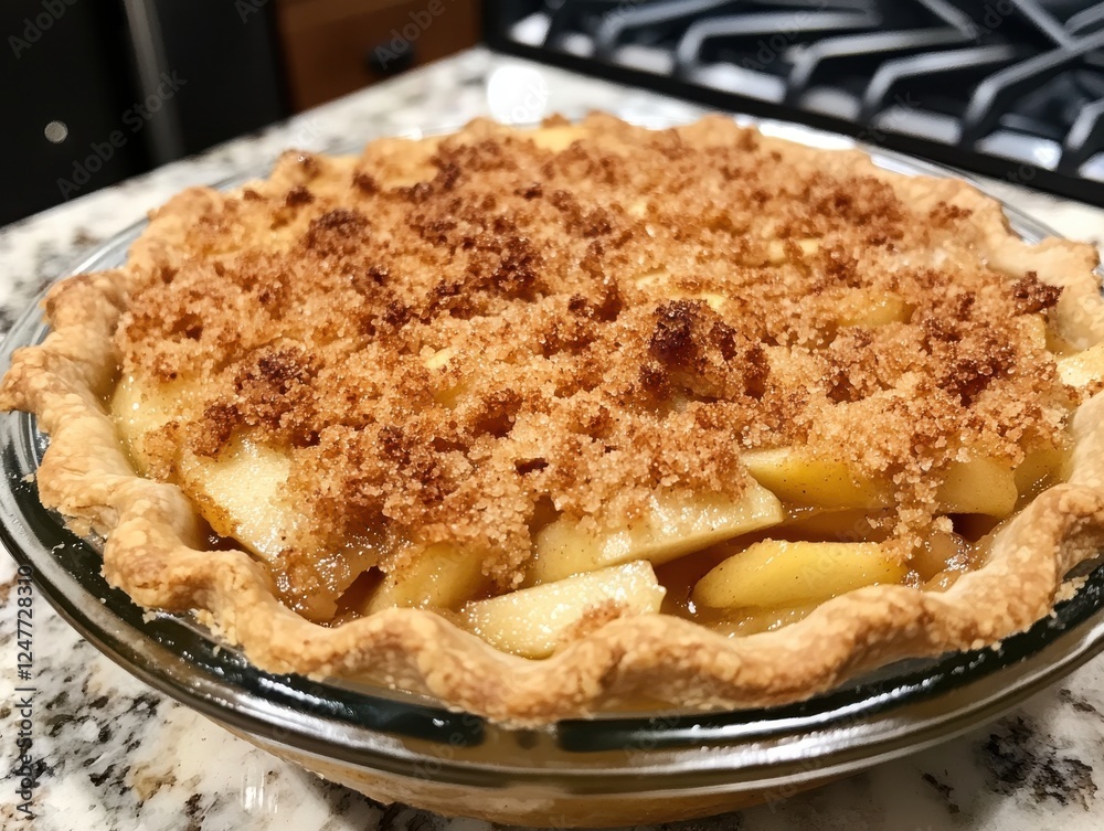 Freshly Baked Apple Pie with Crunchy Topping and Golden Crust Sitting on a Kitchen Counter Surrounded by Warm Home Atmosphere Freshly Baked Apple Pie with Crunchy Topping and Golden Crust Sitting on a Kitchen Counter Surrounded by Warm Home Atmosphere