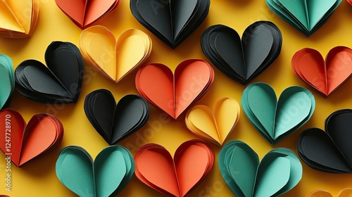 a vibrant display of red, black, and green paper hearts scattered on a yellow surface, representing the juneteenth celebration and the themes of freedom and unity.