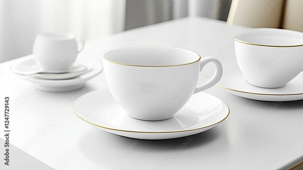 Two white teacups with gold rims on saucers, on a white table, near a window. Two white teacups with gold rims on saucers, on a white table, near a window.