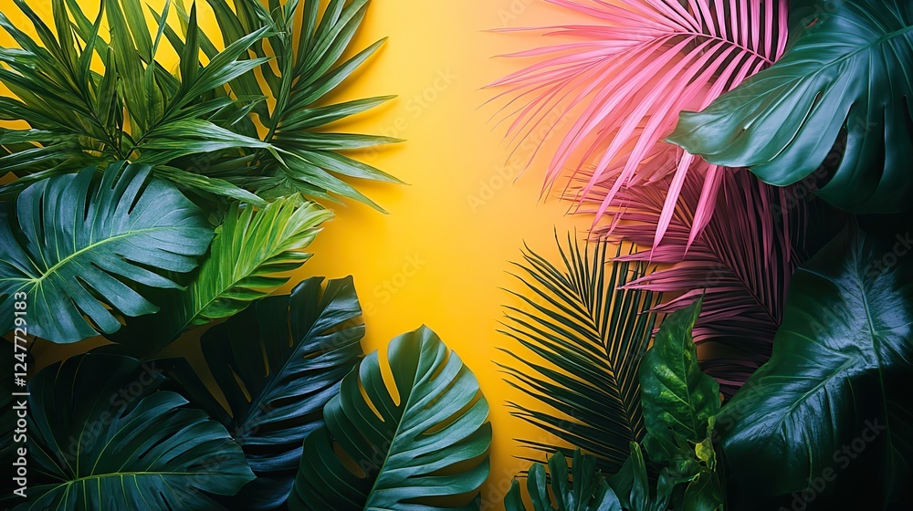 Naklejka premium a vibrant image showing different types of tropical palm leaves artistically arranged on a duo-tone background of bright yellow and soft pink.