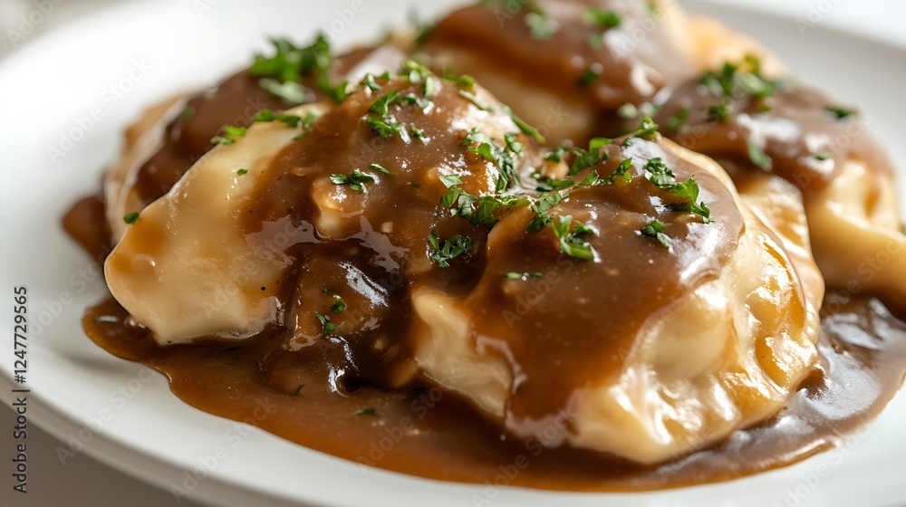A simple and elegant shot of meat-filled pierogi topped with rich, savory gravy A simple and elegant shot of meat-filled pierogi topped with rich, savory gravy