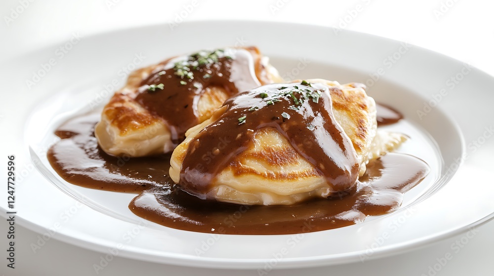 A simple and elegant shot of meat-filled pierogi topped with rich, savory gravy A simple and elegant shot of meat-filled pierogi topped with rich, savory gravy