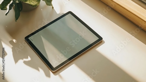 Tablet computer on a white table in sunlight, next to a plant.  Blank screen.