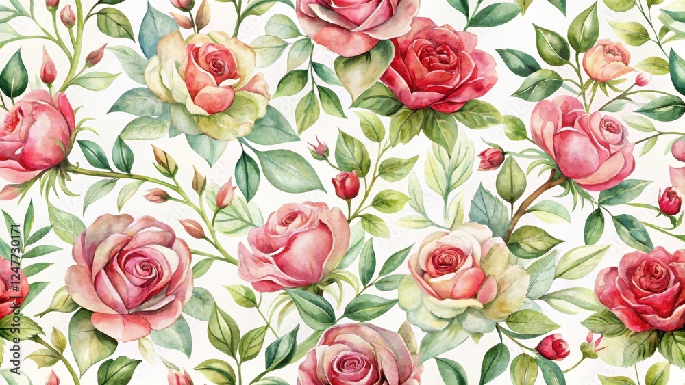 Elegant Watercolor Roses Seamless Pattern Featuring Delicate Blooms and Lush Green Foliage, Ideal for Textile Designs or Romantic Stationery Elegant Watercolor Roses Seamless Pattern Featuring Delicate Blooms and Lush Green Foliage, Ideal for Textile Designs or Romantic Stationery