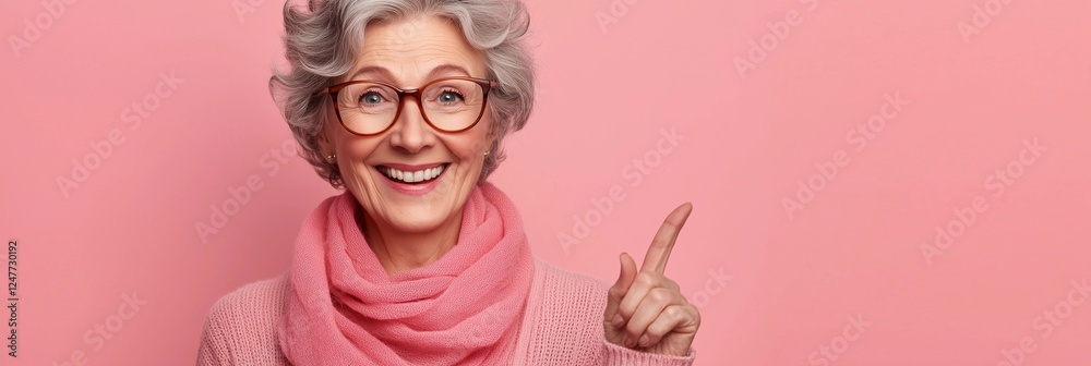 Fototapeta premium Smiling elderly woman with gray hair and glasses gestures positively against a pink background