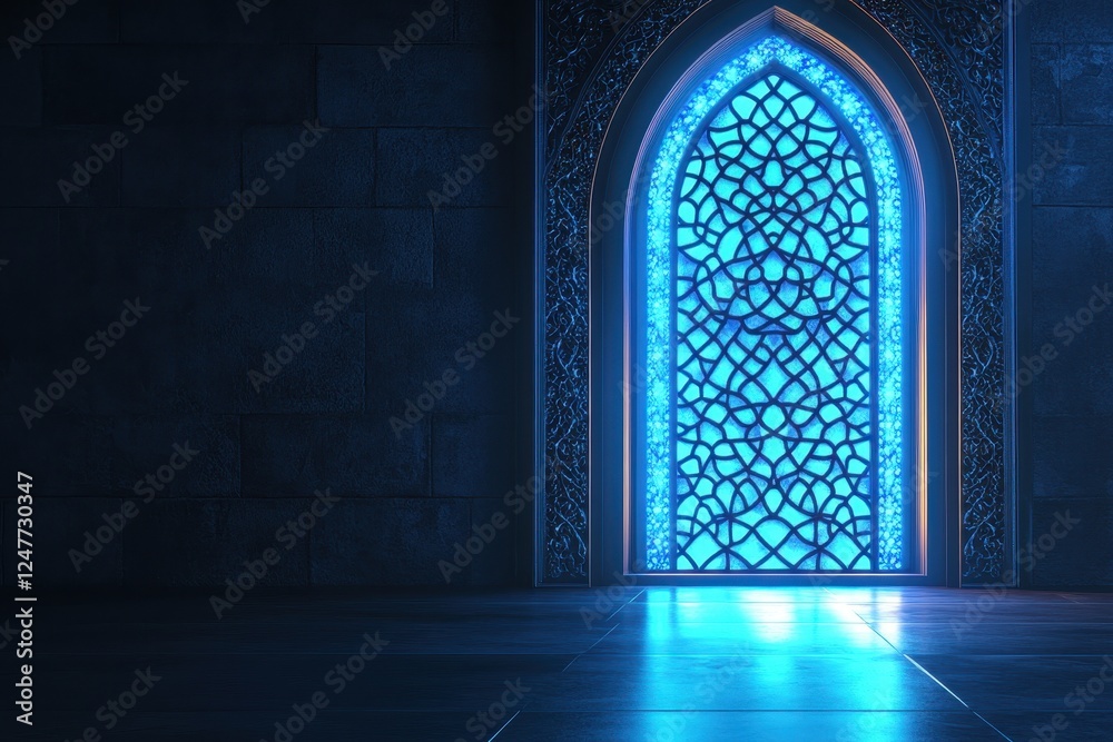 Illuminated Islamic archway with intricate blue stained glass. Illuminated Islamic archway with intricate blue stained glass.