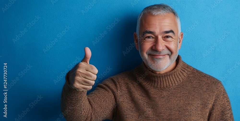 Naklejka premium Smiling older man shows thumbs up against a blue background while wearing a cozy sweater