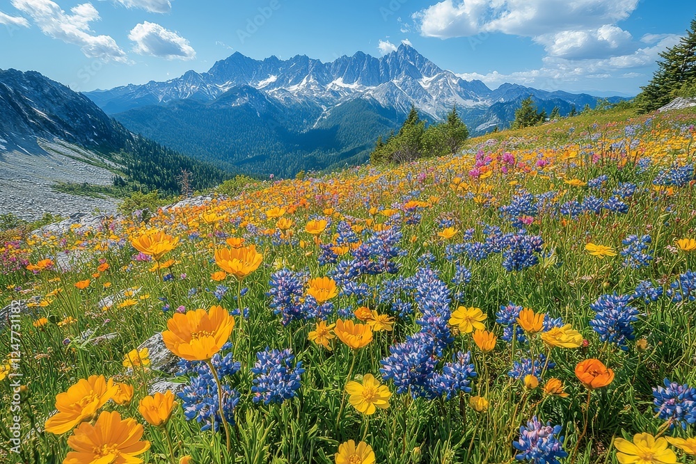 Beautiful View of Leavenworth Mountains with Wildflowers in Full Bloom, British Columbia, Canada. Stunning Natural Landscape Showcasing the Best of Spring. Beautiful View of Leavenworth Mountains with Wildflowers in Full Bloom, British Columbia, Canada. Stunning Natural Landscape Showcasing the Best of Spring.
