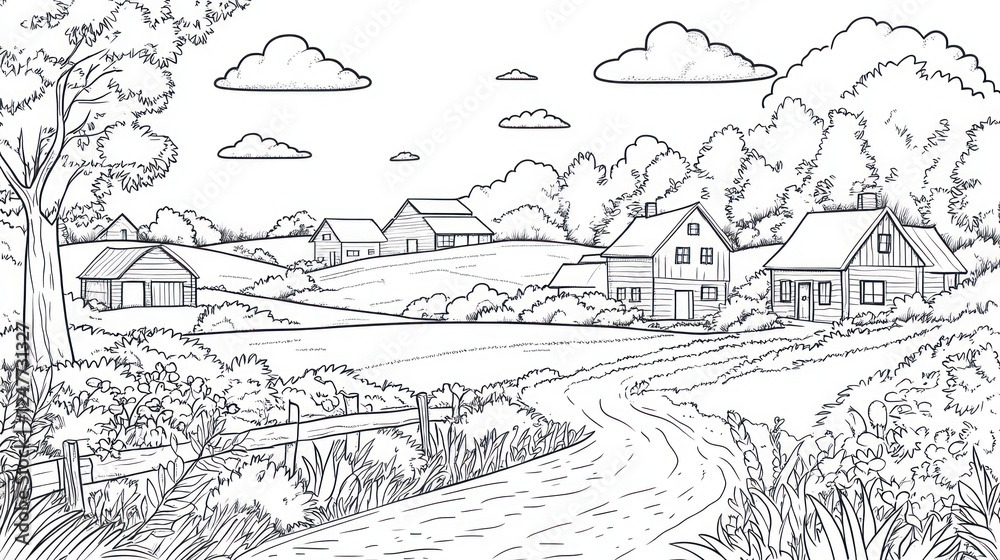 Obraz premium Peaceful countryside lane, houses, trees, coloring page