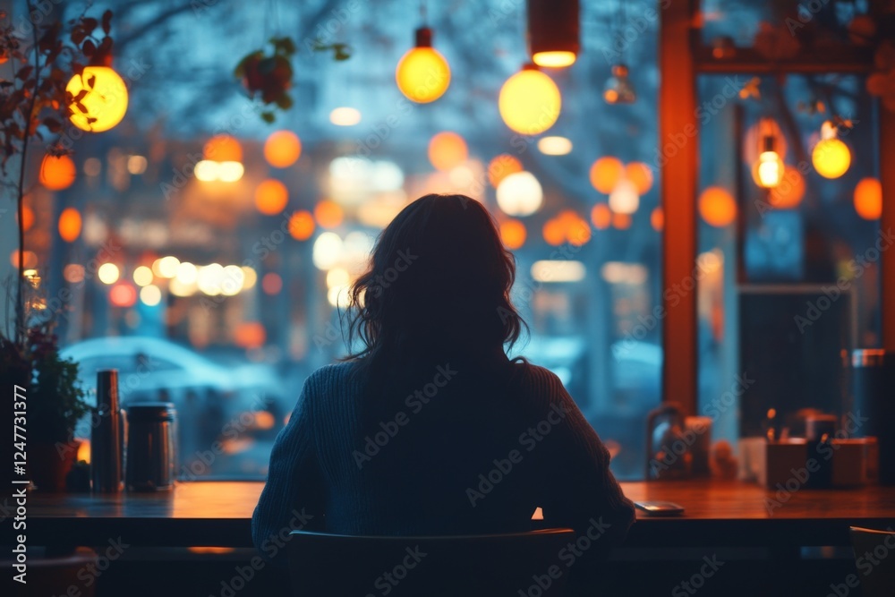 Silhouette of a person sitting in a cafe with warm lights Silhouette of a person sitting in a cafe with warm lights