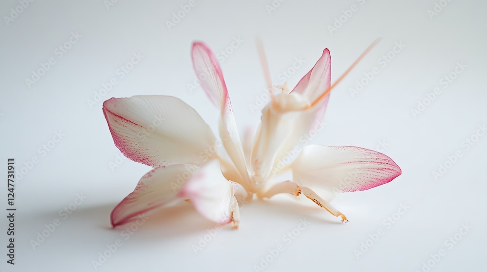 Fototapeta premium Delicate Orchid Mantis on White Background: A Study in Camouflage