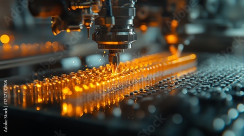 A close-up of a precision machine applying a glowing liquid on a surface, showcasing intricate manufacturing technology. photo