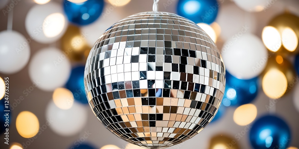 Obraz premium Shiny disco ball reflecting colorful lights in a festive party setting with balloons and bokeh effect, perfect for nightlife, celebrations, dance events, and New Year's Eve themes