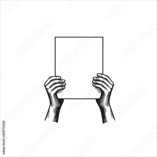 A monochromatic artwork showcasing two hands firmly holding a blank, rectangular frame in a vintage art style.